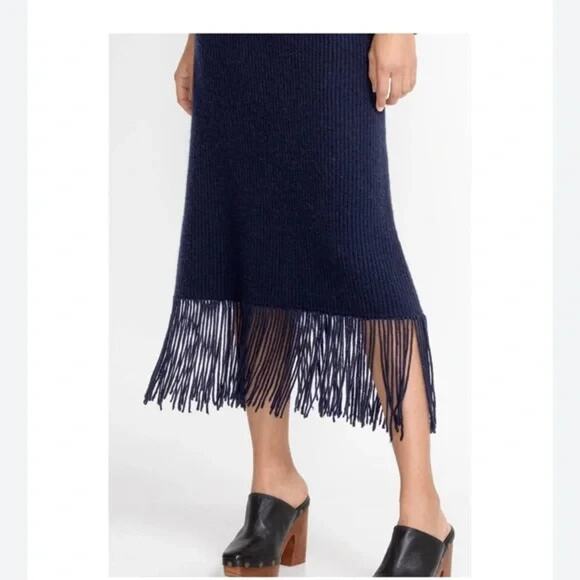 Johnny Was Navy Blue Isadora Fringe Midi Knit Skirt Wool/Cashmere Size XL - Picture 1 of 9